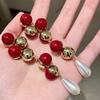 French Gold and Red Pearl Inlaid Ear Studs - Elegant Long Earrings for Women