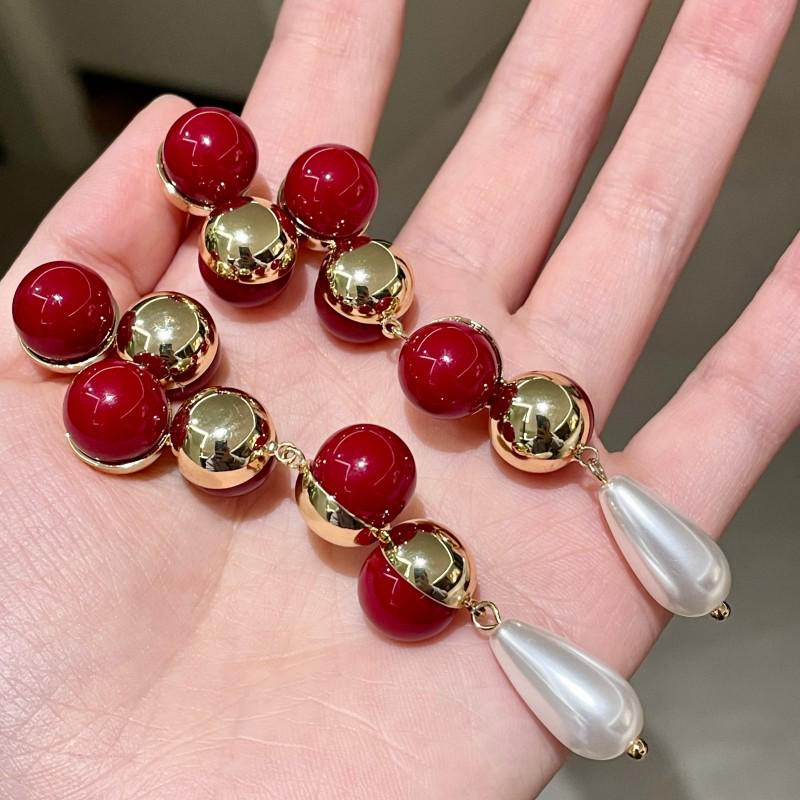 French Gold and Red Pearl Inlaid Ear Studs - Elegant Long Earrings for Women