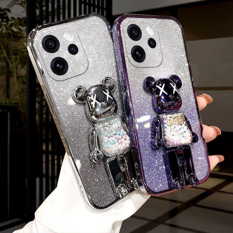 For OPPO Reno 15 Pro 15F Case with Cartoon 3D Bear Stand Luxury Slim Gradient Plating Glitter Girls Stylish For OPPO Reno 15F 15 Pro Back Cover