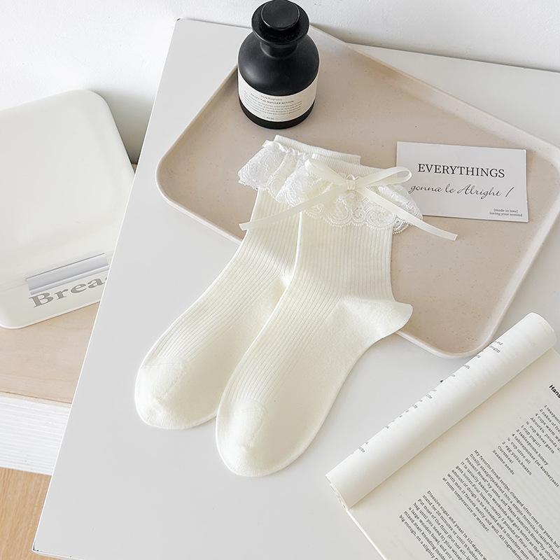 

Носки в балетном стиле для девочек, Сладкая кружевная оборка, Девичьи носки до середины икры с бантом, Однотонные, Универсальные, Бесшовные длинные носки 1 pair молочный белый