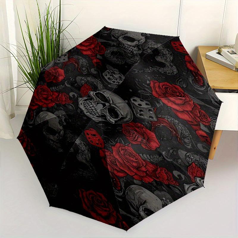 

Skull Roses Automatic Folding Umbrella 8 Ribs, Durable Iron Frame, Bright Color Pattern Compact Travel Umbrella, Suitable for Outdoor, Beac
