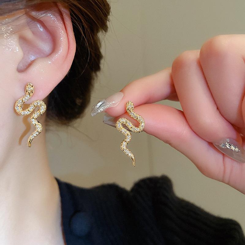Silver needle zircon curved snake winding stud earrings niche design earrings earrings