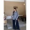 Women's Retro Korean Blue Plaid Tie-Waist Shirt - Long-Sleeve Top for Spring/Autumn 2026