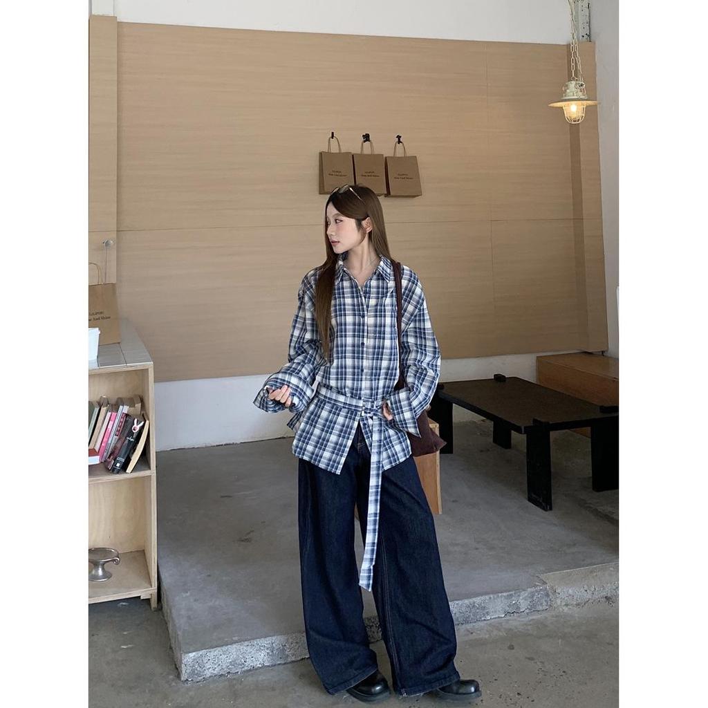 Women's Retro Korean Blue Plaid Tie-Waist Shirt - Long-Sleeve Top for Spring/Autumn 2026