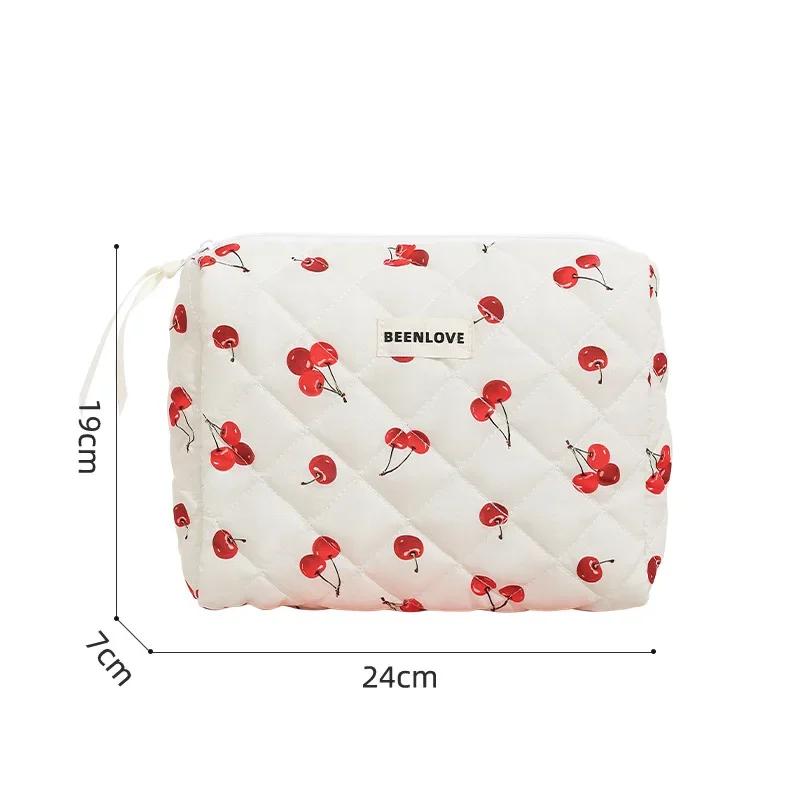 Storage Organizer Cherry Printing Makeup Bag Quilted Cosmetic Pouch Large Travel Cosmetic Bag Cute Cotton Makeup Pouch