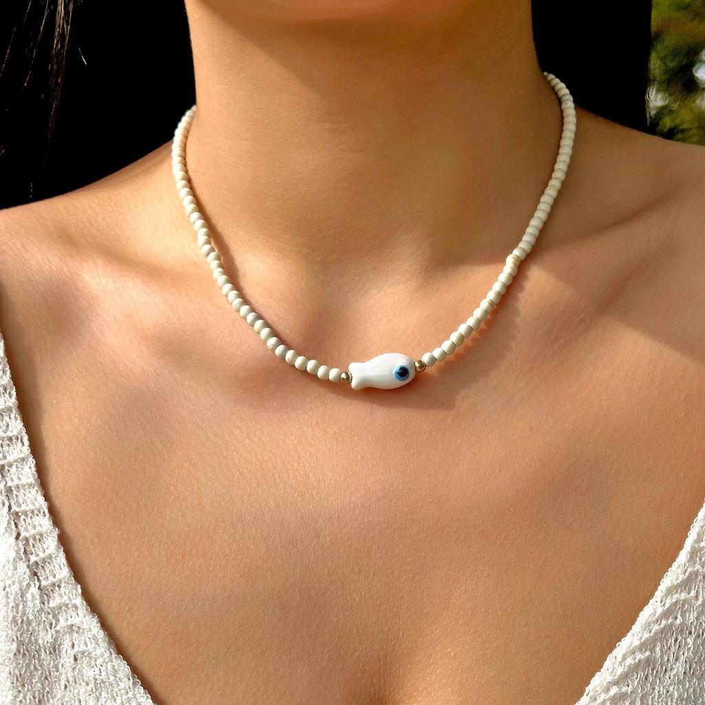 Minimalist Aqua Blue Beaded Choker for Women Cute Ocean Fish Pendant Collar Necklace Summer Beach Vacation Jewelry