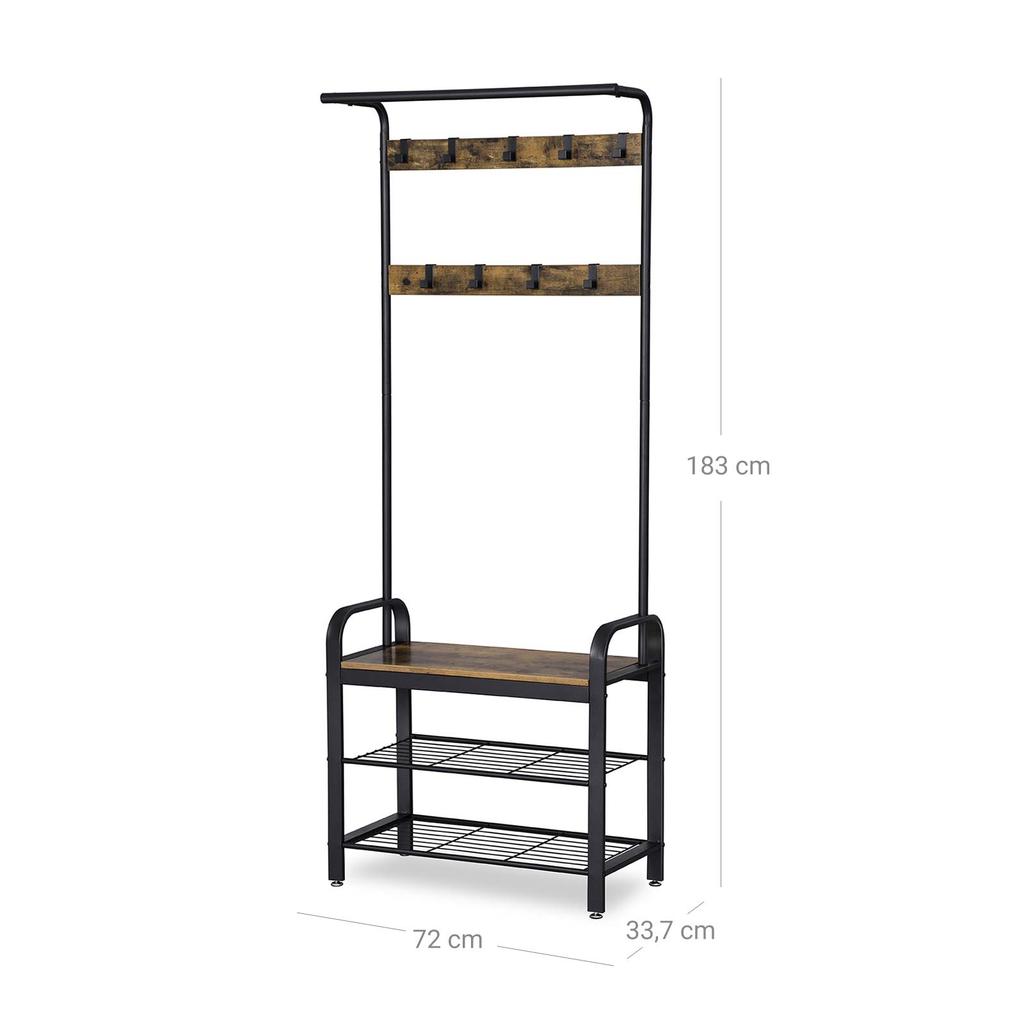 VASAGLE Coat Rack, Coat Stand with Shoe Storage Bench, 4-in-1 Design, with 9 Removable Hooks, a Clothes Rail, for Hallway, Entrance