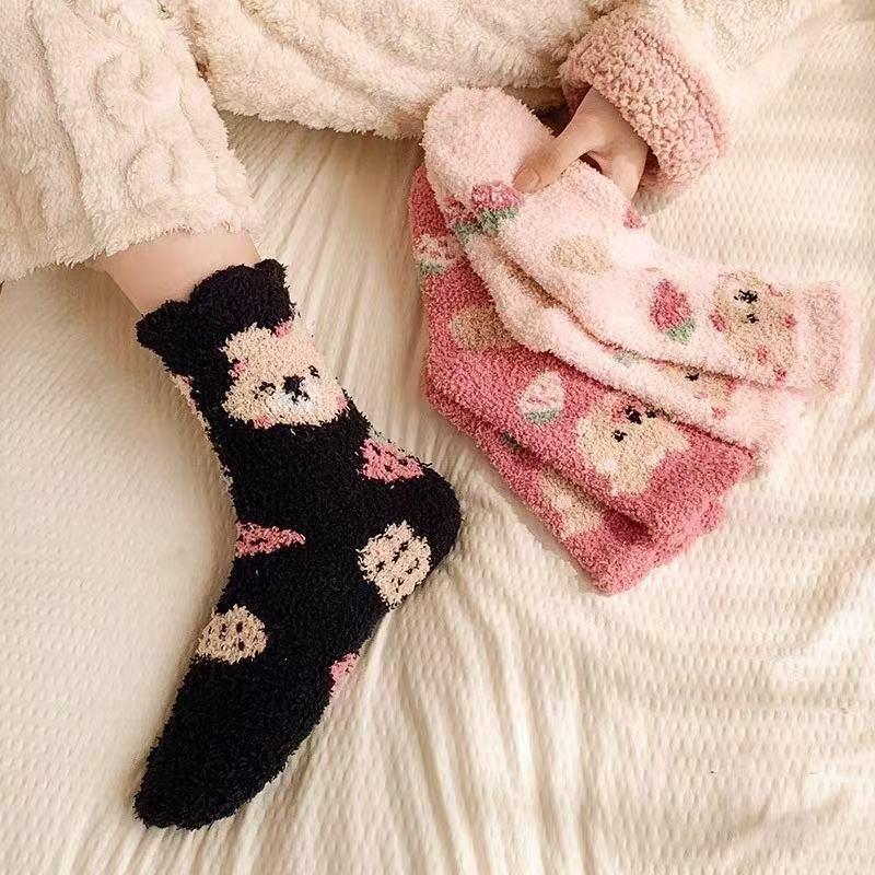 Fashion Coral Fleece Women Socks Warm Home Floor Socks Cartoon Strawberry Bear Socks Plush Mid Tube Sleep Socks