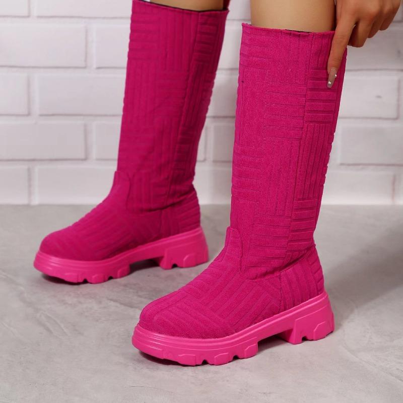 Chic Women Long Boots Brand Design Terry Cloth Knee-high Booties Ladies Thick Sole Pink Green Botas Tone To Tone