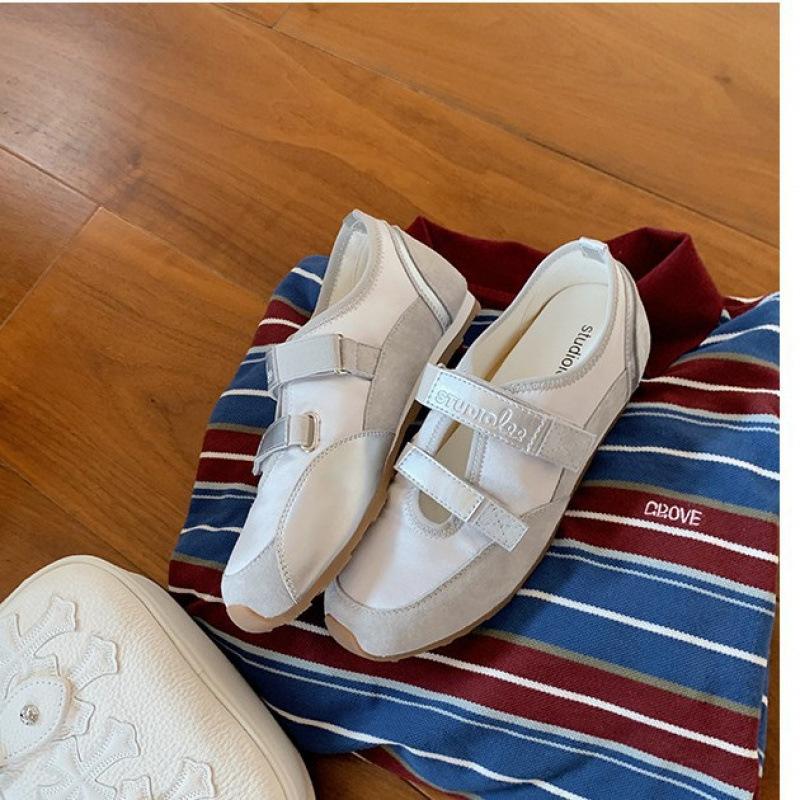Leather Ballet Mary Jane Shoes Women's Inner Height Increase 3CM Velcro Color Matching Casual Sports Shoes New