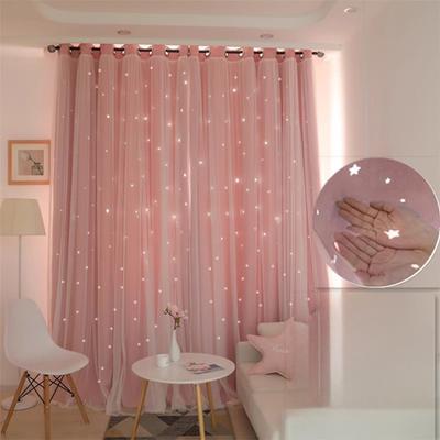 1pc Korean-style Double-layer Integrated Lace Blackout Hollow Star Curtain, Ready-made for Bedroom and Living Room