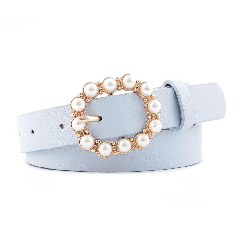 

Faux Fashionable Leather Waist Belt With Stunning Rhinestone And Pearl Decor Ladies For небо синє кольору