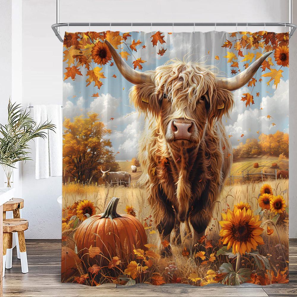 Herbstwald Duschvorhang Hirsch Hochlandrind Tiger Wildtier Natur Herbstlandschaft Badezimmerdekoration Polyester Duschvorhang