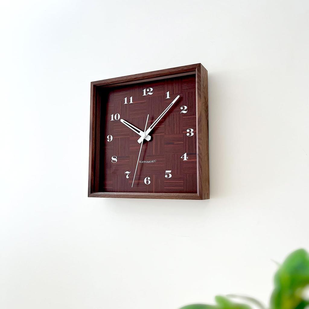 KATOMOKU muku square clock km-144WARC, walnut wood wall clock with continuous second hand (radio-controlled clock)