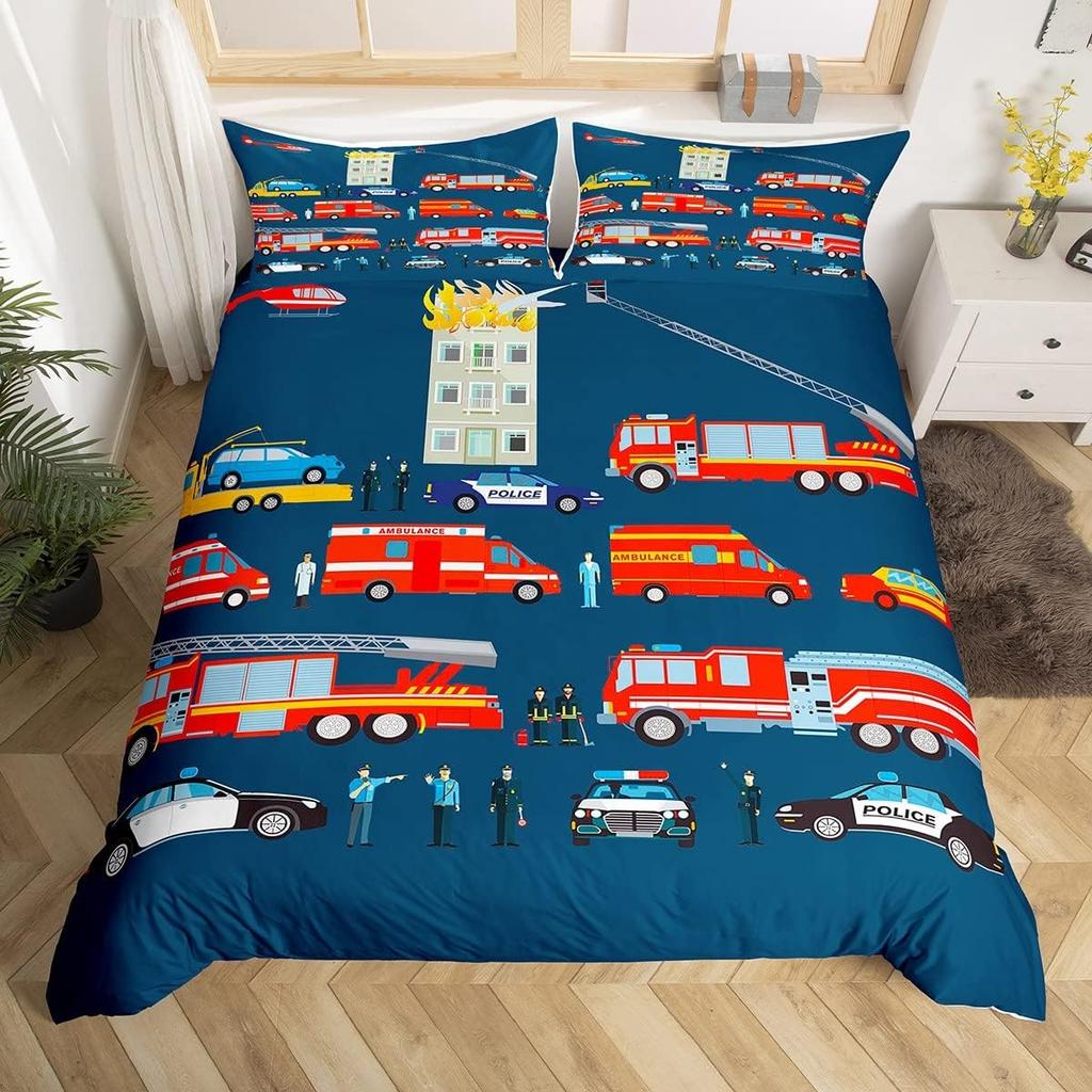 Cartoon Fire Engine Duvet Cover Full Queen King Red Car City Rescue Vehicles Bedding Set, Watercolor Flame Print Comforter Cover