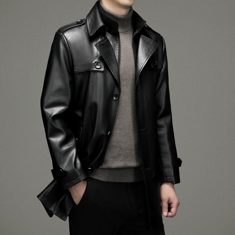 Winter Genuine Leather Jacket Sheepskin Men's Mid-length Leather Windbreaker Lapel Plus Velvet Thickened Leather Coat for Men