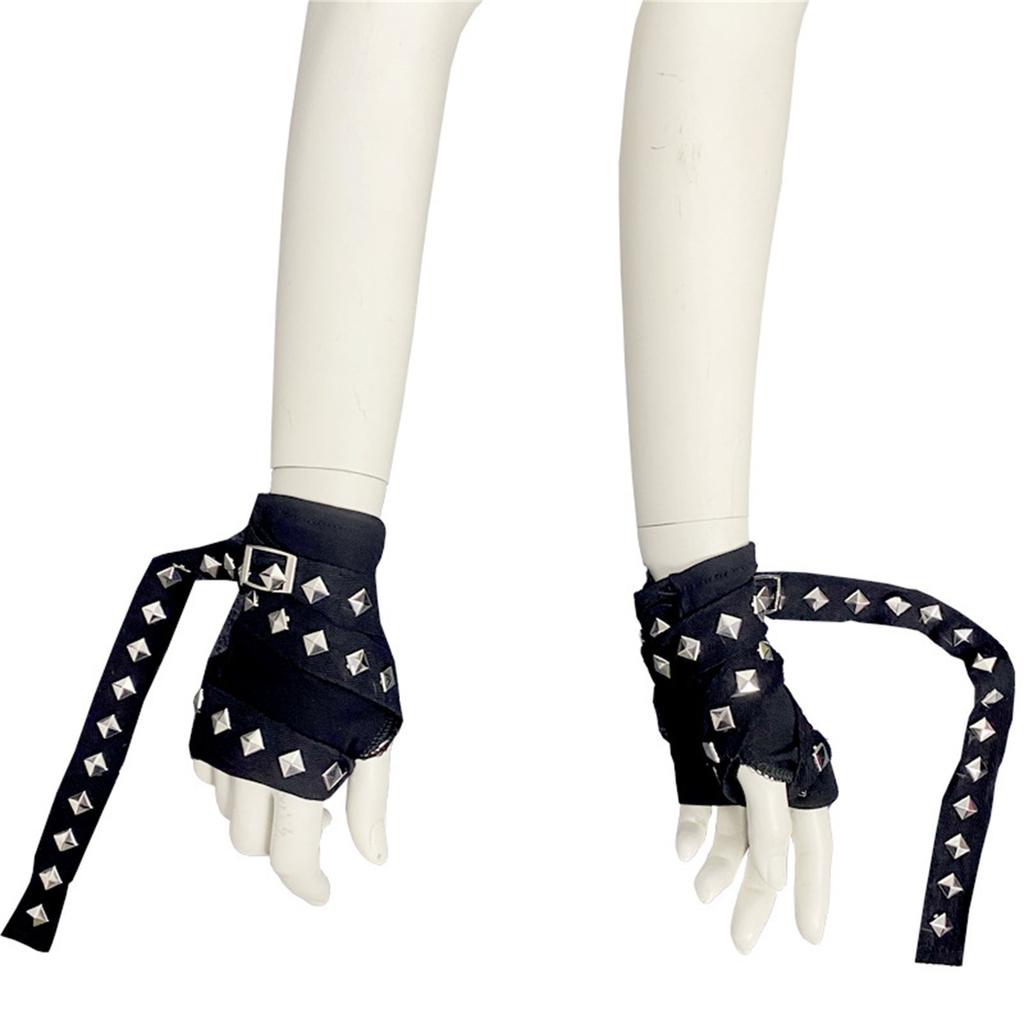 1pair Women Punk Mittens Rivet Ribbons Streetwear Sleeves Half Finger Sleeve for Riding and Music Festivals