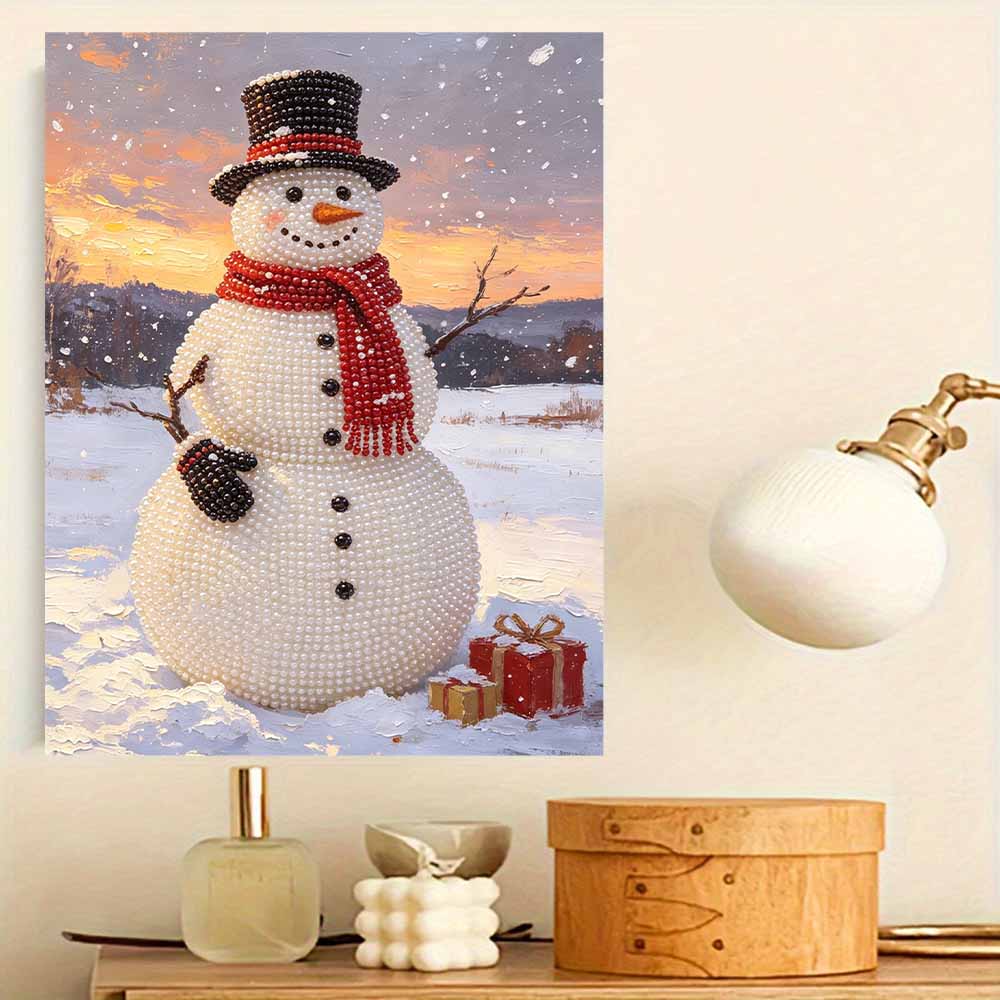 DIY Framed Pearl Painting Kit Cute Snowman Gift Winter Holiday Sparkling Bead Canvas Art for Home Bedroom Living Room Wall Decor Craft Set