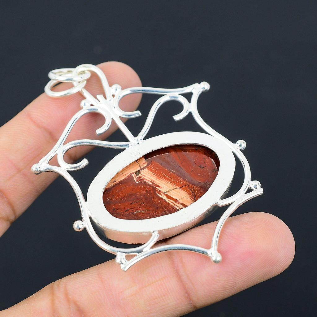 Gift For Women Pendant 925 Sterling Silver Natural Red Snakeskin Jasper Gemstone