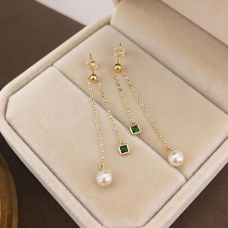 Emerald Small Square Zircon Tassel Earrings Women s 925 Silver Needle Natural Freshwater Pearl Ins Simple Pendant Earrings 2026