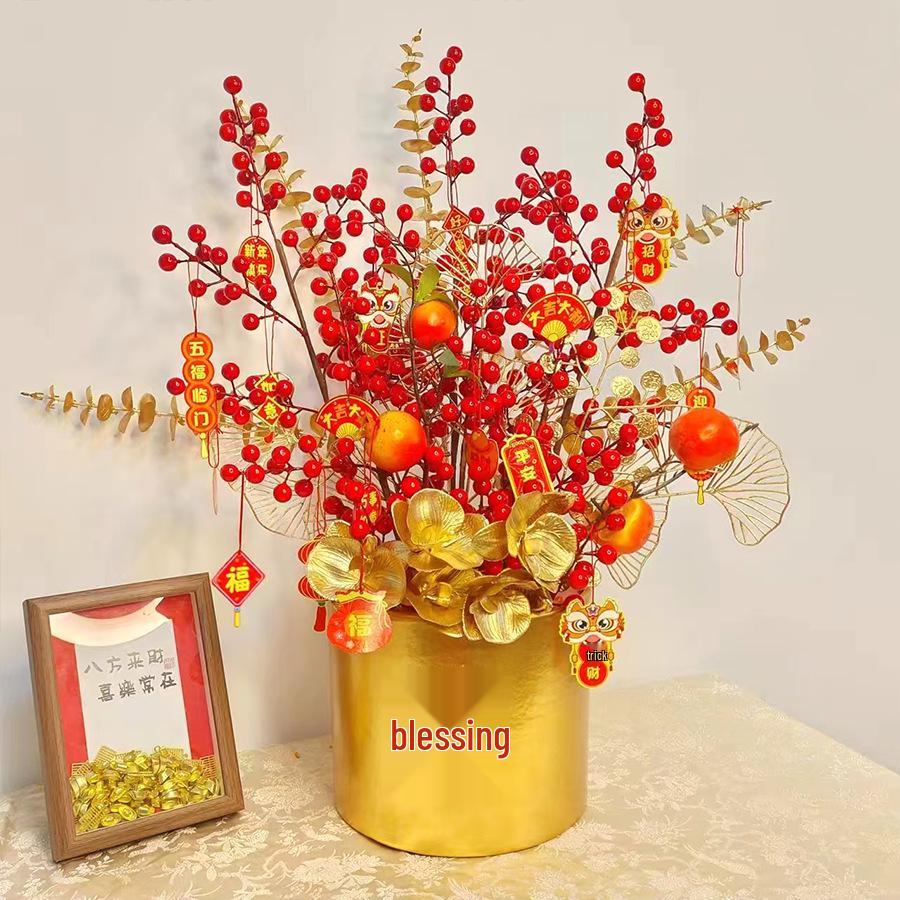 Fortune Bucket New Year Decoration Set - Festive Ornaments for Bedroom and Living Room with Flowers and Fu Character.