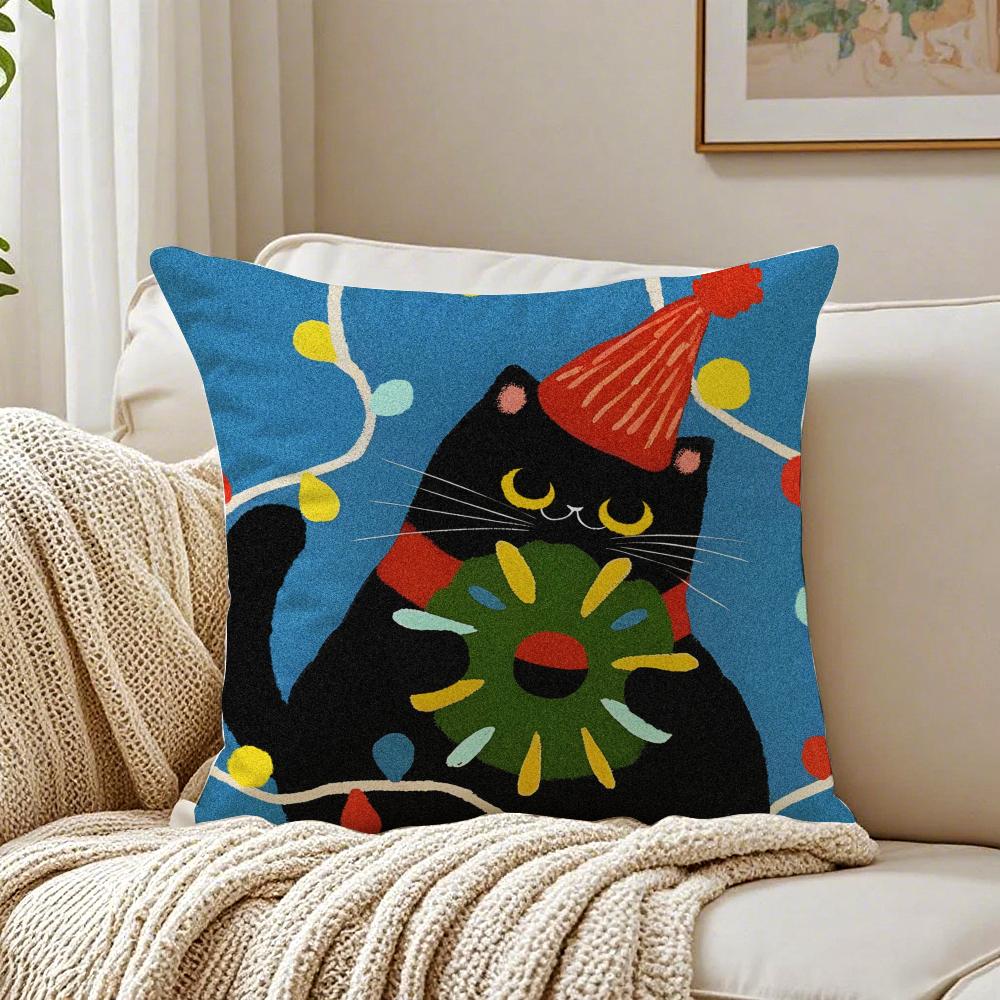 Cartoon Christmas Gift Cute Cat Cushion Cover Linen Pillowcase Soft  for Sofa Bed Home Room Decor