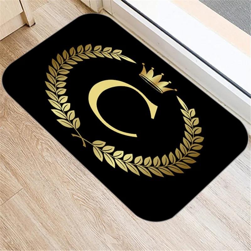 Kitchen Bathroom Non-slip Floor Mat Style Indoor Rug Black Gold Crown Letter Decoration Entrance Door