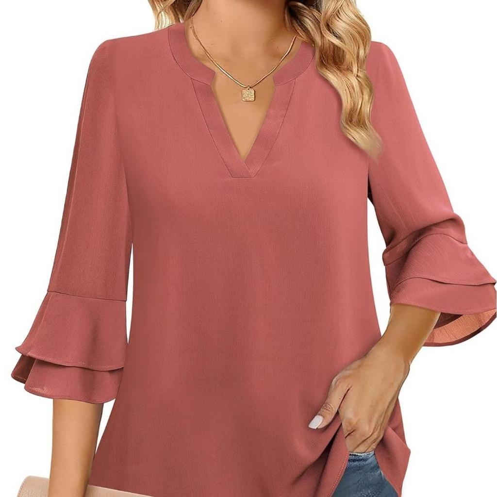 Women's Fashion Casual Seven Points Flared Sleeve Double Layer Chiffon Drawstring Solid Colour V-Neck Top