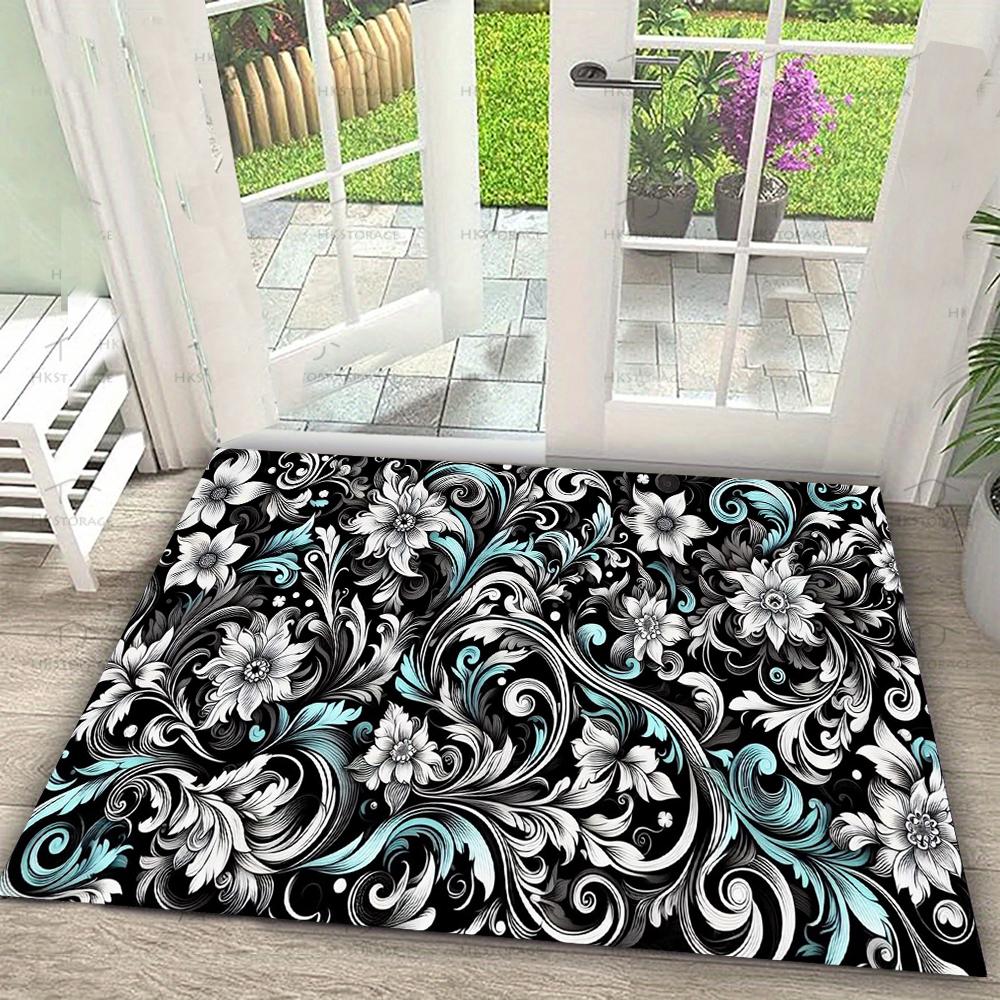 Blumen-Skizzen-Teppichmatte - Schwarz Weiß Rose Lilie Gänseblümchen Blume Linienkunst Minimalistisch Modern Dekorative Wohnkultur Teppich Schlafzimmer