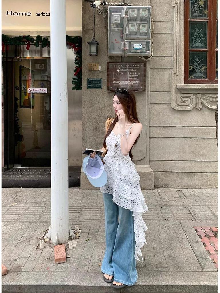 Women's Korean Polka Dot Ruffle Spaghetti Strap Dress - 2025 Autumn Seaside Vacation Style