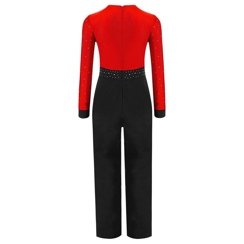 Boys Latin Dance Jumpsuit Color Block Design V Neck Long Sleeve Full Body Leotard Skating Performance Costume