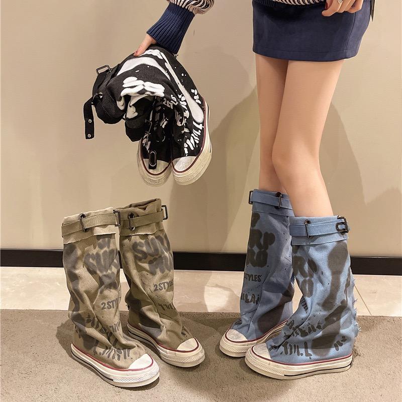 Fashion Women's Knee-high Boots Fashion Cowboy Canvas Boots Designer Graffiti Long Boots for Women Pleats Stacking Boot Botas De Mujer