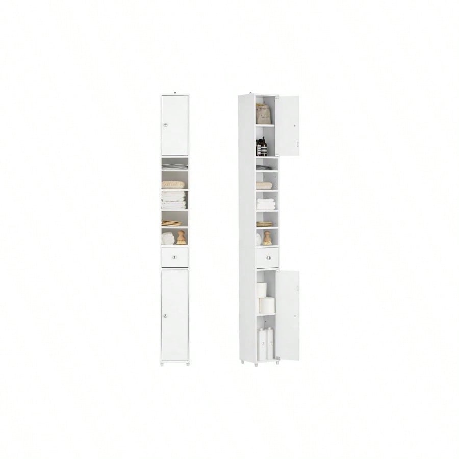 

Узкий высокий шкаф для хранения в ванной, Узкий напольный шкаф с регулируемыми полками, Компактный органайзер для прачечной белый