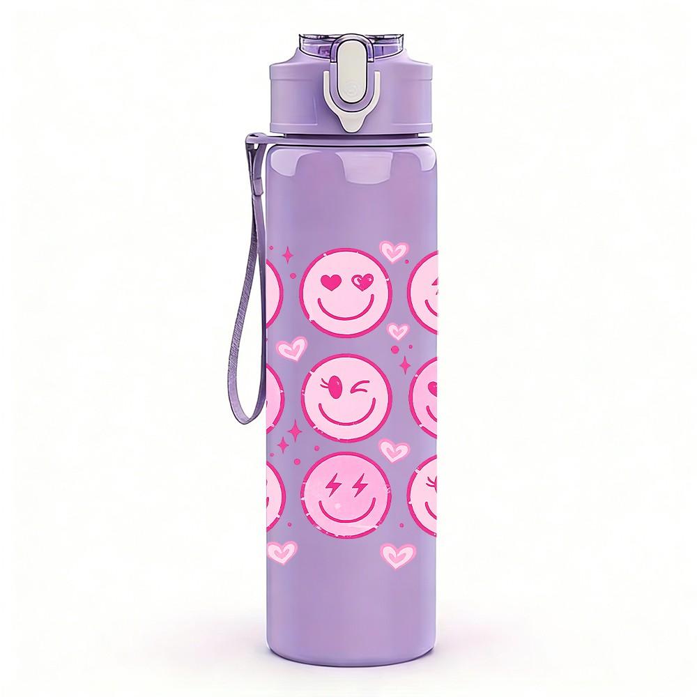 1PC Pink Smiley Face Emoji Pattern Print 750ml Color Plastic Sports Water Bottle Leakproof Flip Straw Lid Suitable for Sports Office Home Use