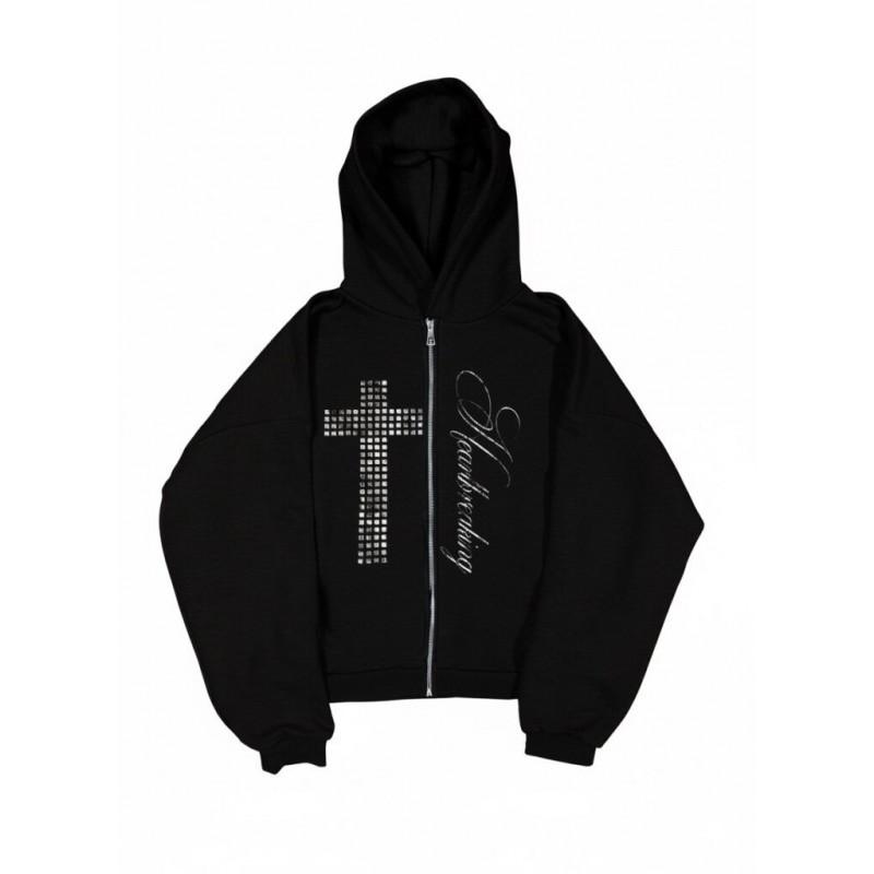 Damen Übergroßer Kapuzen-Reißverschluss Streetwear Sweatshirt mit Aufdruck Strassstein Verzierung