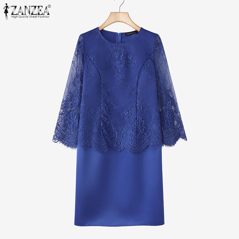 ZANZEA Kobiety Casual Koronkowa Rękaw 3/4 Letnia Sukienka Ołówkowa Patchworkowa