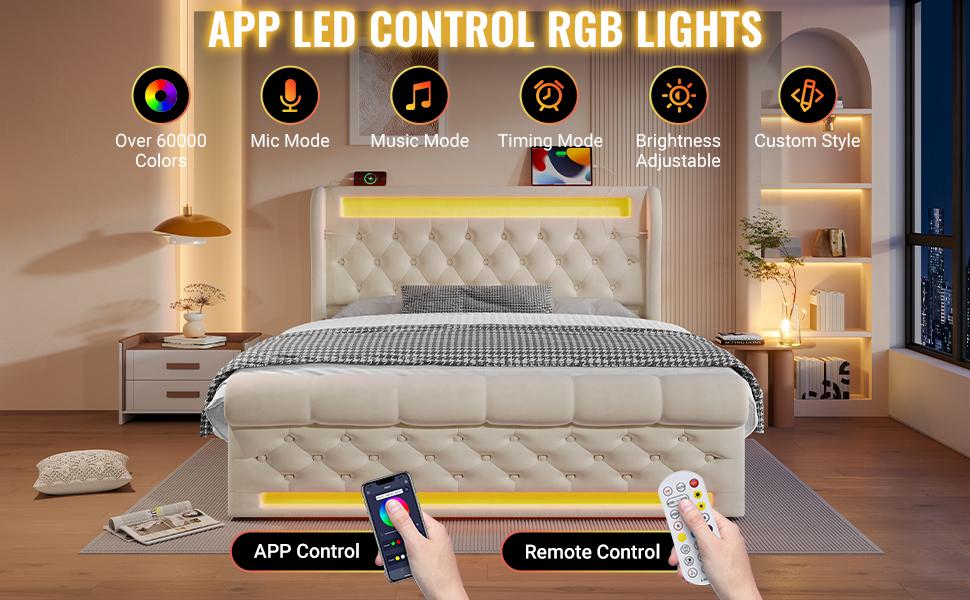 Upholstered Bed Double 140x200cm, with LED Lights, Storage Headboard with USB and Type-C Ports, Hydraulic Storage, Beige, Velvet (Without Mattress)