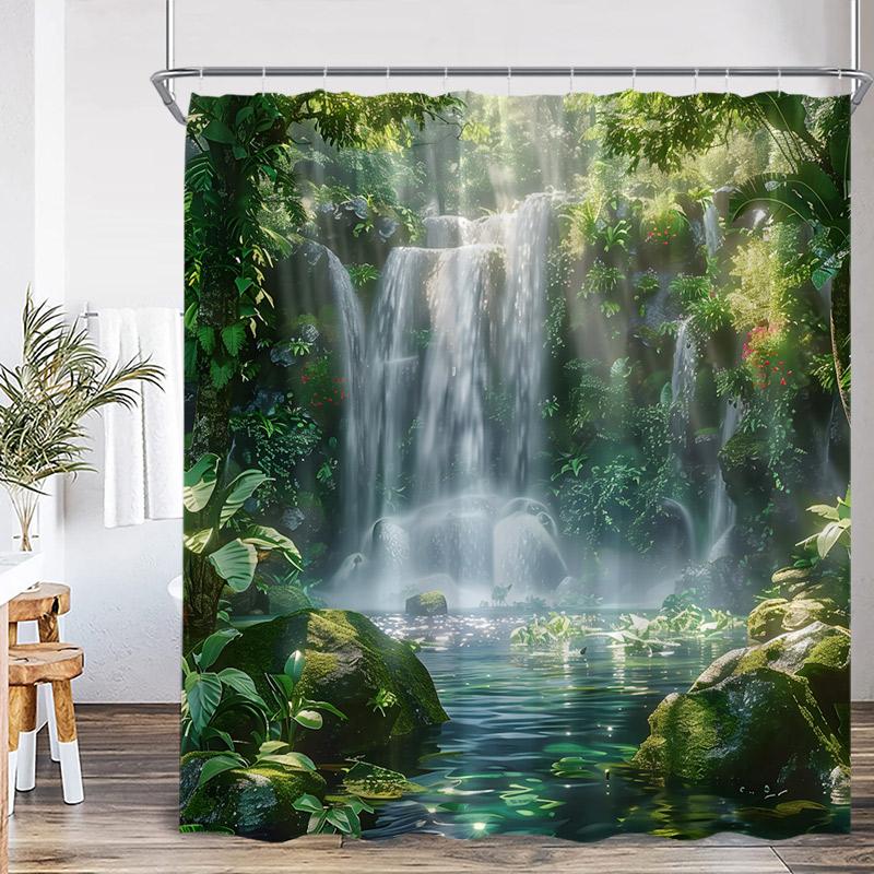 Nature Waterfall Landscape Shower Curtains Forest Lake Crane Lotus Flowers Chinese Style Scenery Home Bathroom Curtain Decor Set