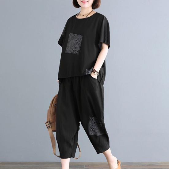 Women T-Shirt Pants Suit O Neck Elastic Waist Short Sleeves Loose Letter Print Summer Ladies Tee Sweatshirt Top Cropped Harem Trousers Kit Daily Wear