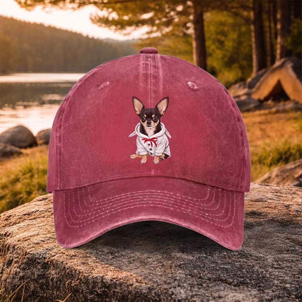 Chihuahua Hunde-Print Gewaschene Baseballkappe Used-Look Baumwolle Verstellbar Outdoor-Aktivitäten Hut Unisex