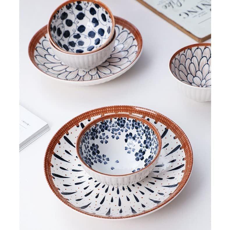 Porcelain 4-Piece Japanese Asian Cuisine Bowl Set With 2 Bowls, 2 Pairs Of Chopsticks And 1 Deep Plates For Serving Dinner, Rice, Soup, Dessert
