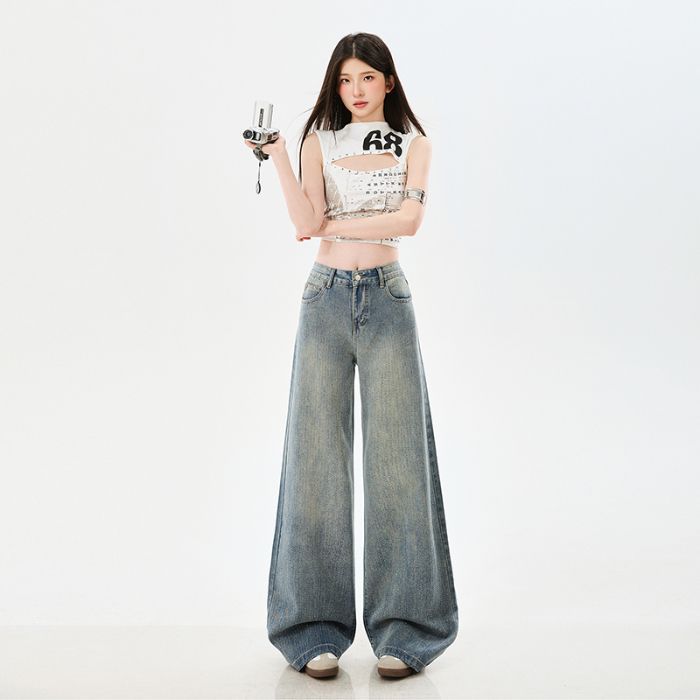Early Spring Vintage Blue Rhinestone High Waist Relaxed Slim Floor Straight Wide Leg Denim Pants For Ladies Casual Pants Oversize Denim Trousers