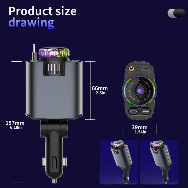 45W 5 In 1 Car Charger with Retractable Cable& Air Freshner USB/Type C Aroma Starlight Car Adapter USB/Type C PD3.0 For Phone