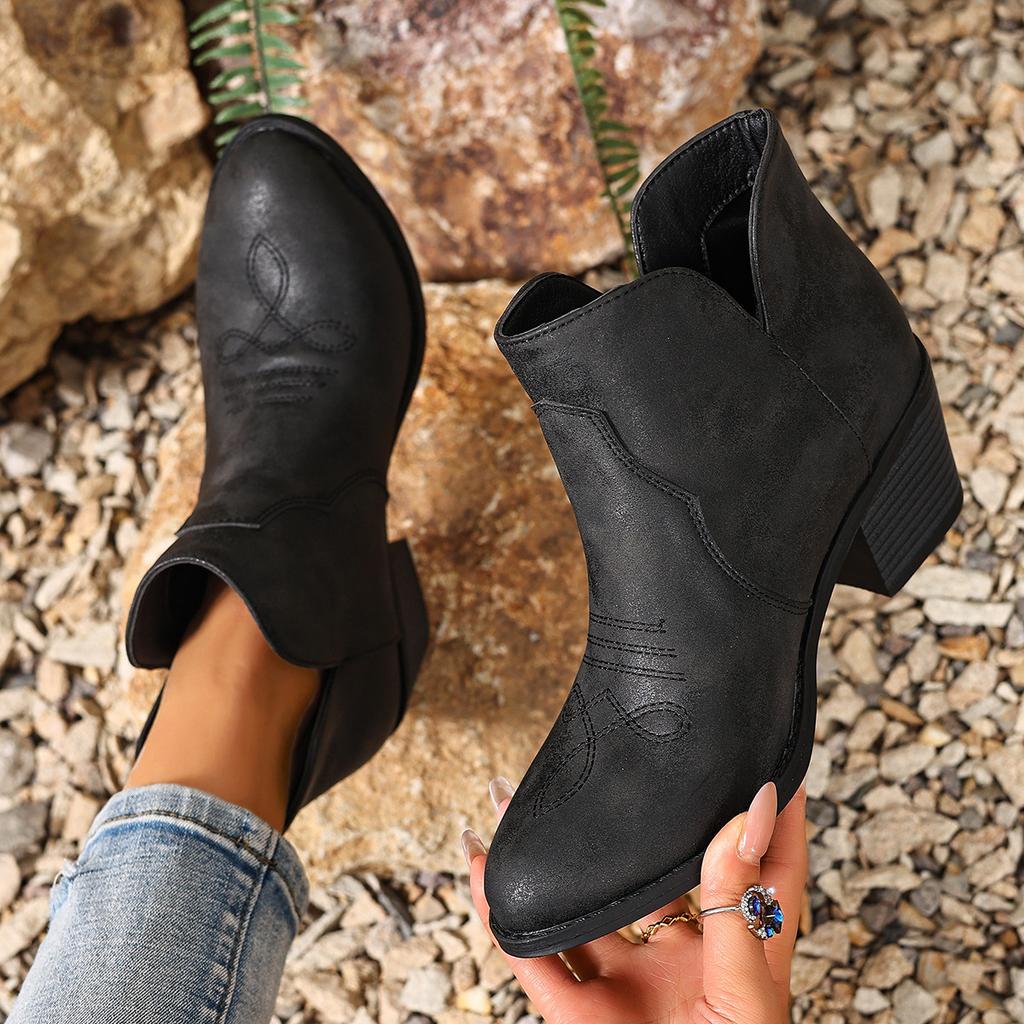 Coarse Heel Low Top and Bare Boots Embroidered Large Size Women's Shoes Fashion Boots One Pedal Round Head Knight Boots