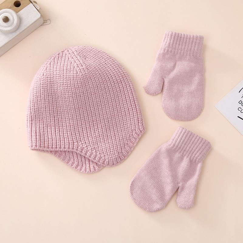 Solid Color Newborn Beanie Hat Mitten Set Warm Knitted Cap Hospital Hat for Toddler Girls Boys Ears Protections Hat