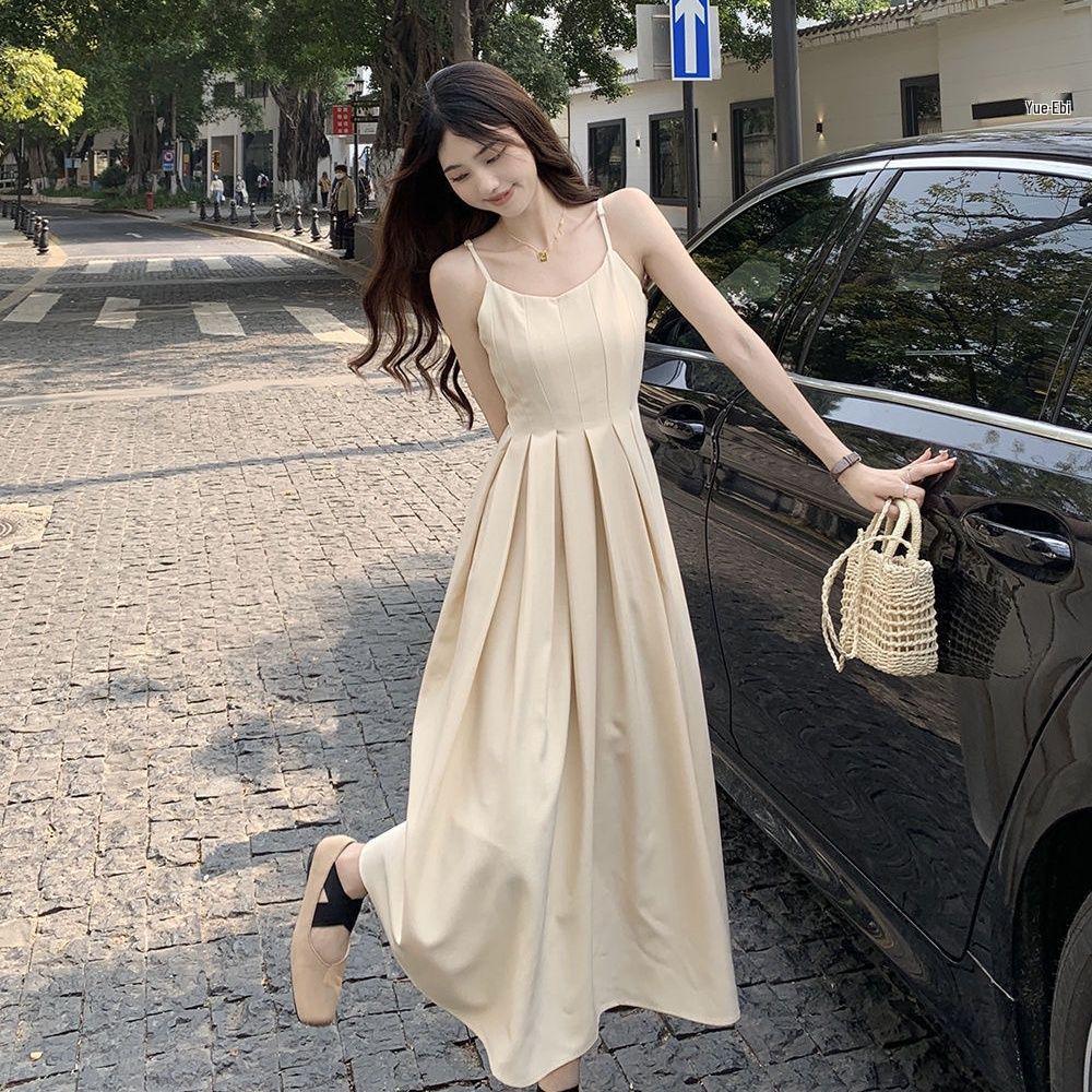 Women's Summer 2024 Sleeveless French-Inspired Pleated Waist Sling Dress