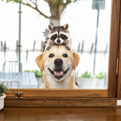 Niedlicher Golden Retriever Welpe Waschbär Balkon Glasfenster Hintergrund Verschönerung und Dekoration Fensteraufkleber