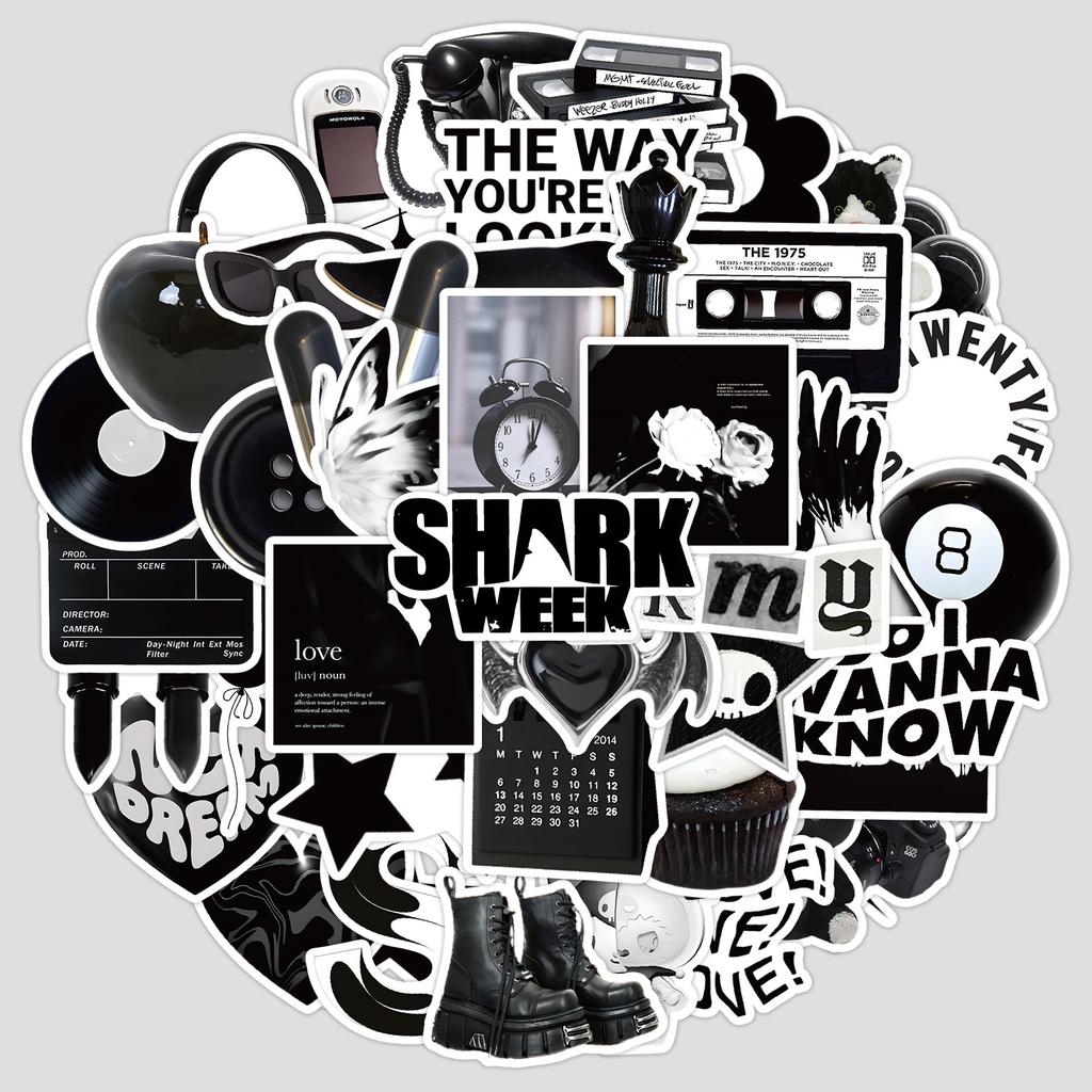 50 Pieces of Black and White Handwriting Doodle Stickers, Water Cups, Luggage, Waterproof Decorative Stickers, Creative DIY Stationery Stickers