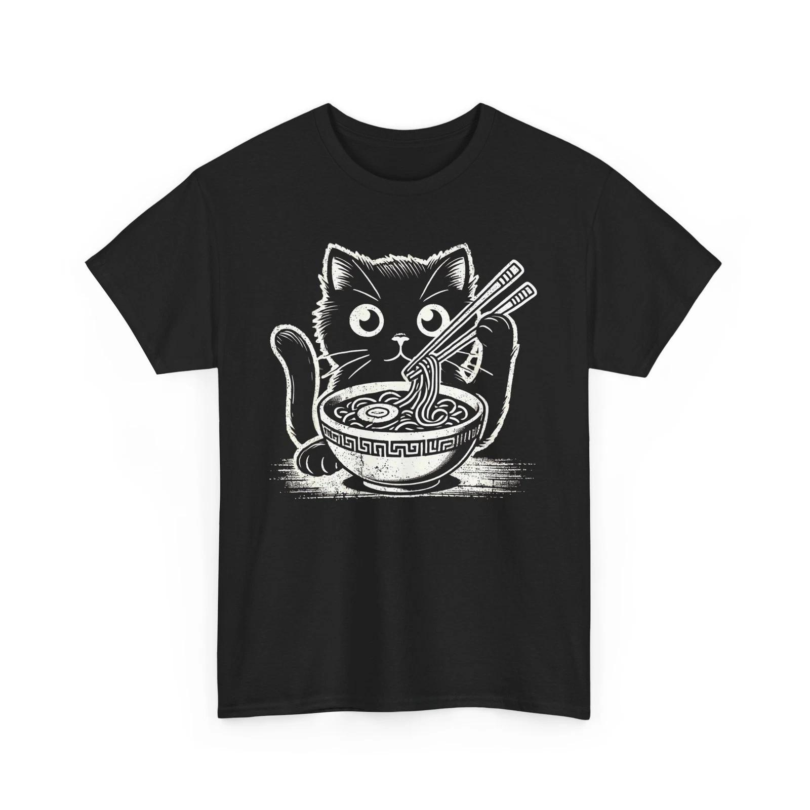 Black Japanese Cat Eating Ramen T-Shirt | Japanese Neon Skyline Shirt M