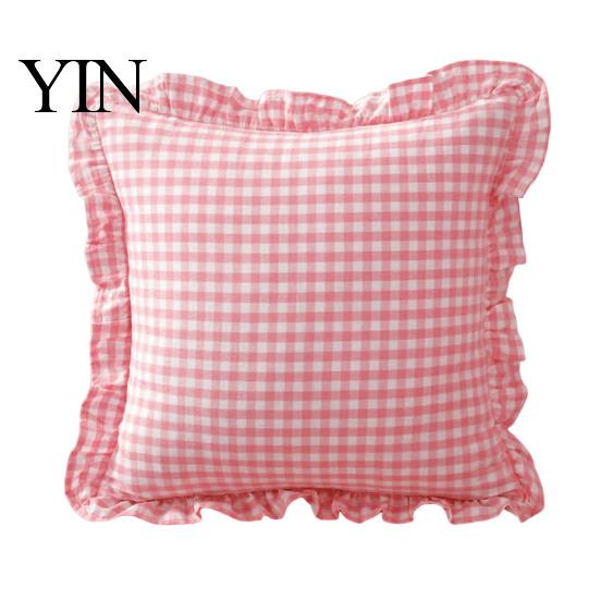 Federa Cuscino Decorativa Divano Shabby Chic con Volant, Fodera Cotone a Quadri con Bordo Arricciato, Federe Arricciate Vintage 18x18 Pollici 20x12 Copertura Decorativa
